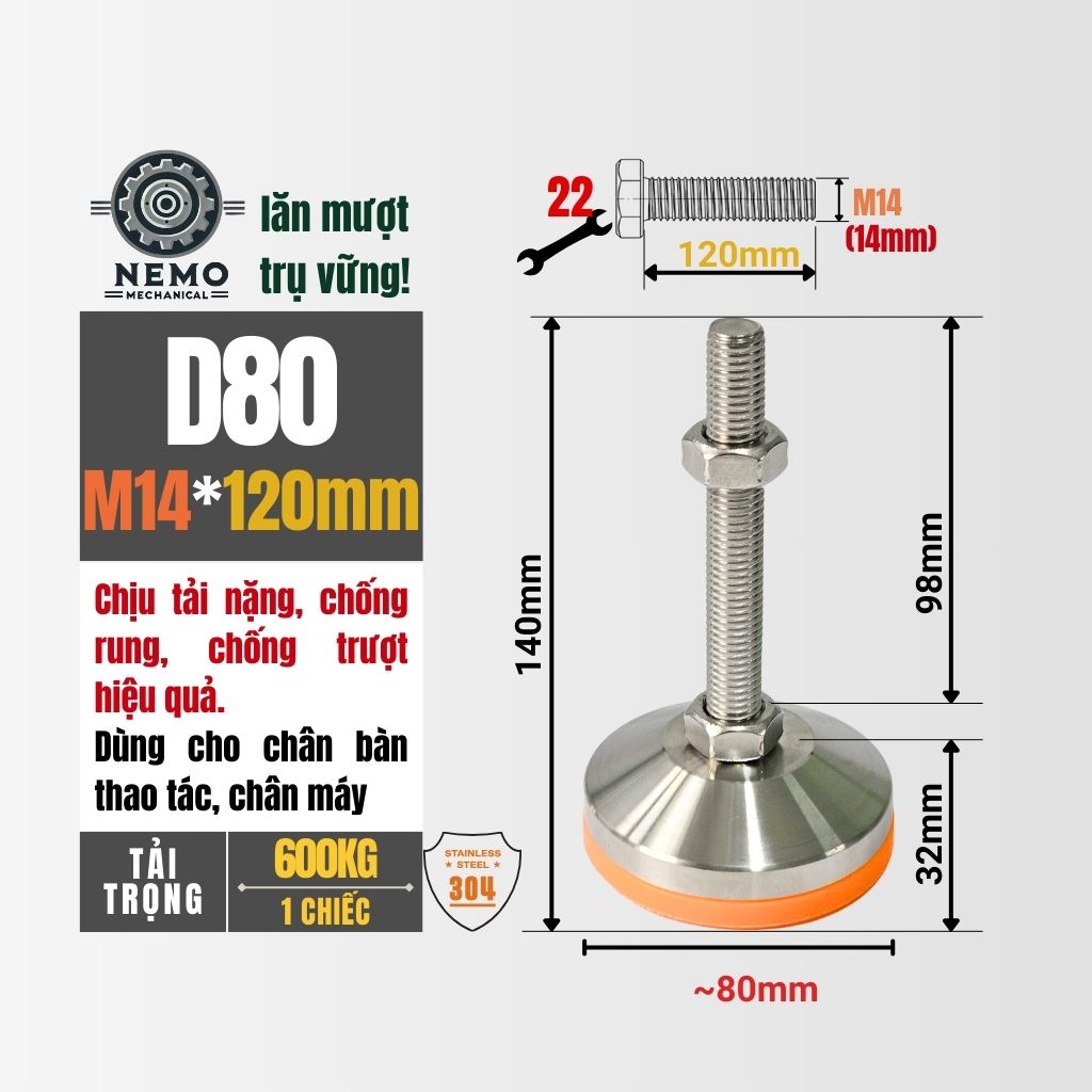 Chân Tăng Chỉnh Inox 304 Ren M14 – Đế Bát Dày Chịu Tải Siêu Nặng 600kg, Chống Ăn Mòn Tuyệt Đối